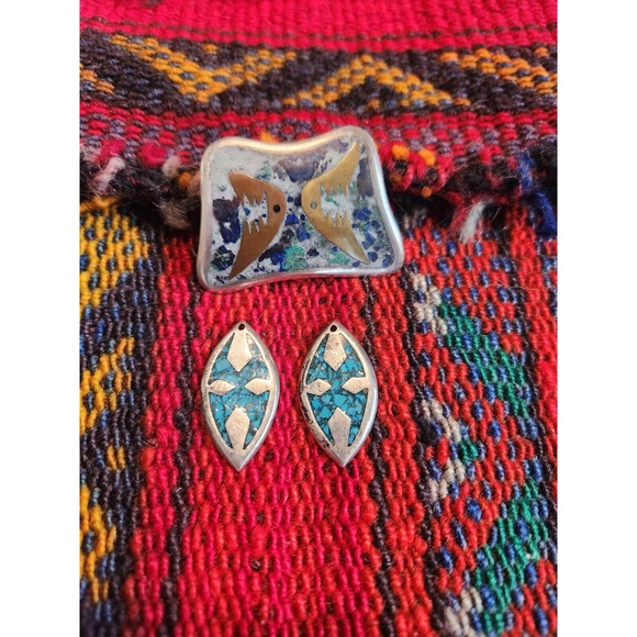 Vintage Lot Signed Nestor TAXCO Mexican Sterling Mixed Metals Brooch Earrings - Picture 2 of 10